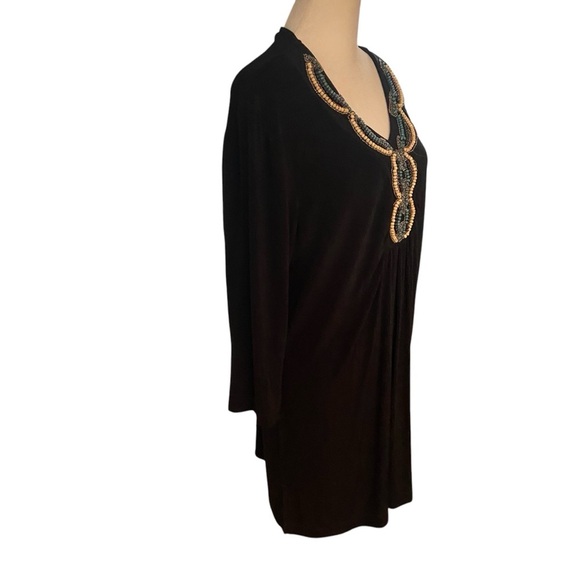 Chico's Travelers Beaded Embellished Slinky Knit Tunic Top Size L Black Flowy - Picture 6 of 13